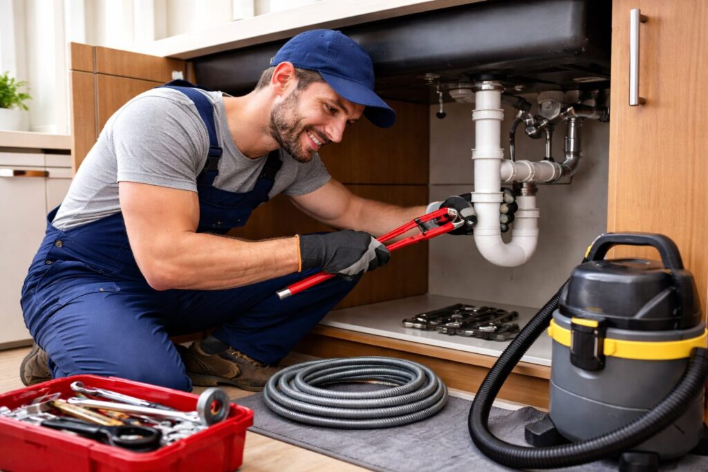 Plumber at work fixing some pipes and drains - Crest Plumbing